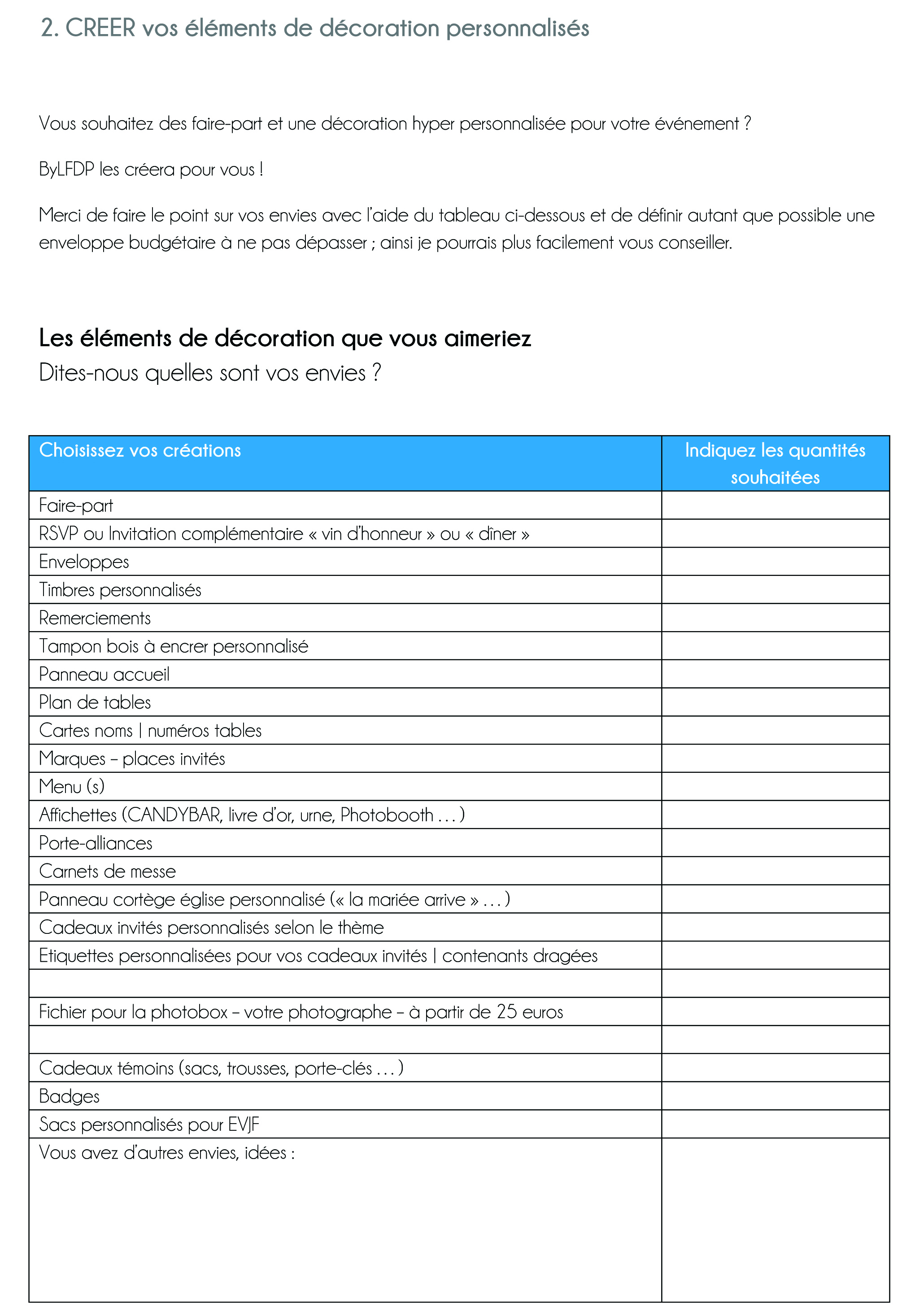 Document à remplir pour un devis CREATION - DÉCORATION des jolies fêtes en Corse