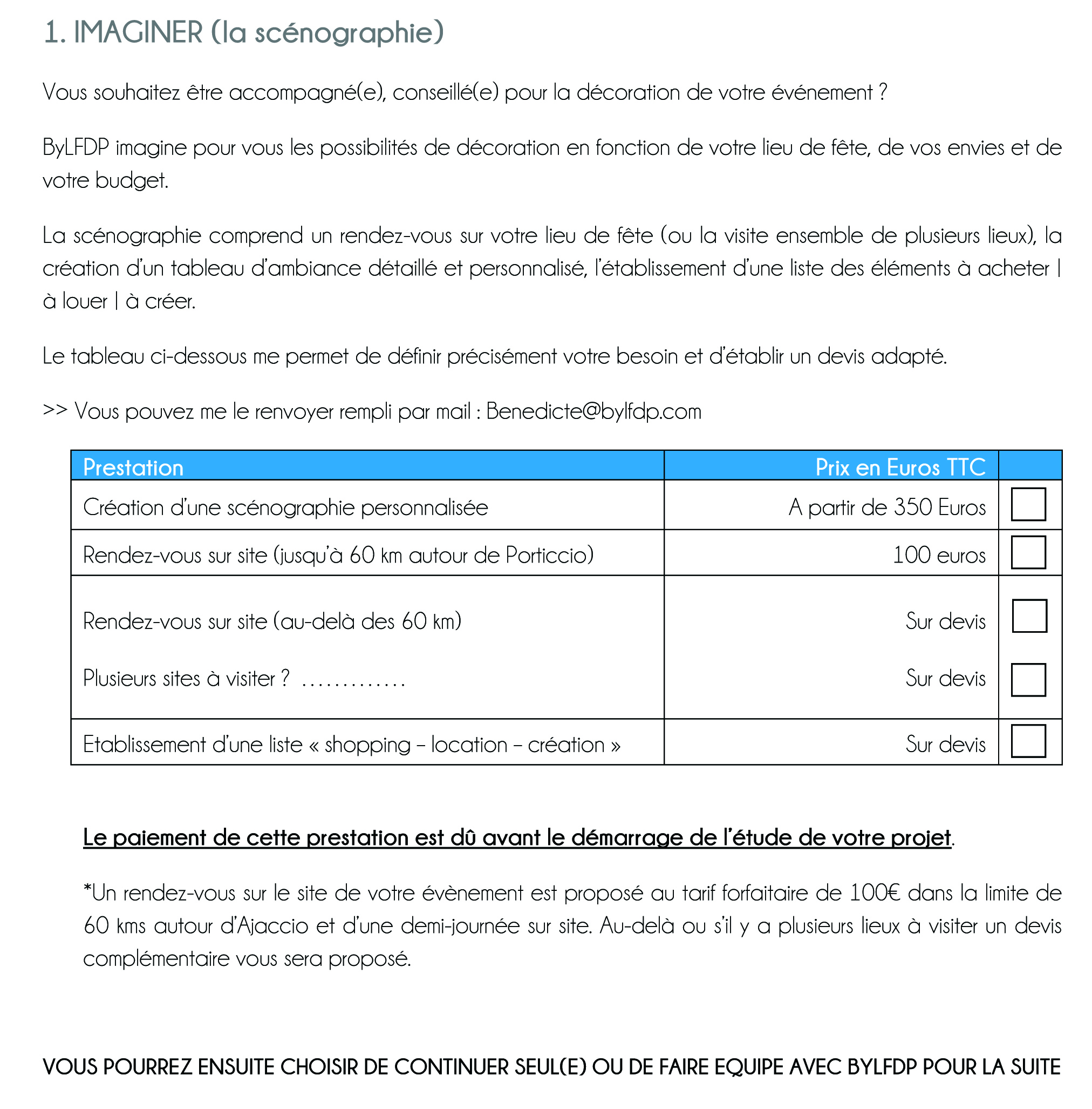 Document à remplir pour un devis PRESTATION COMPLETE DECORATION - IMAGINER - DÉCORATION des jolies fêtes en Corse